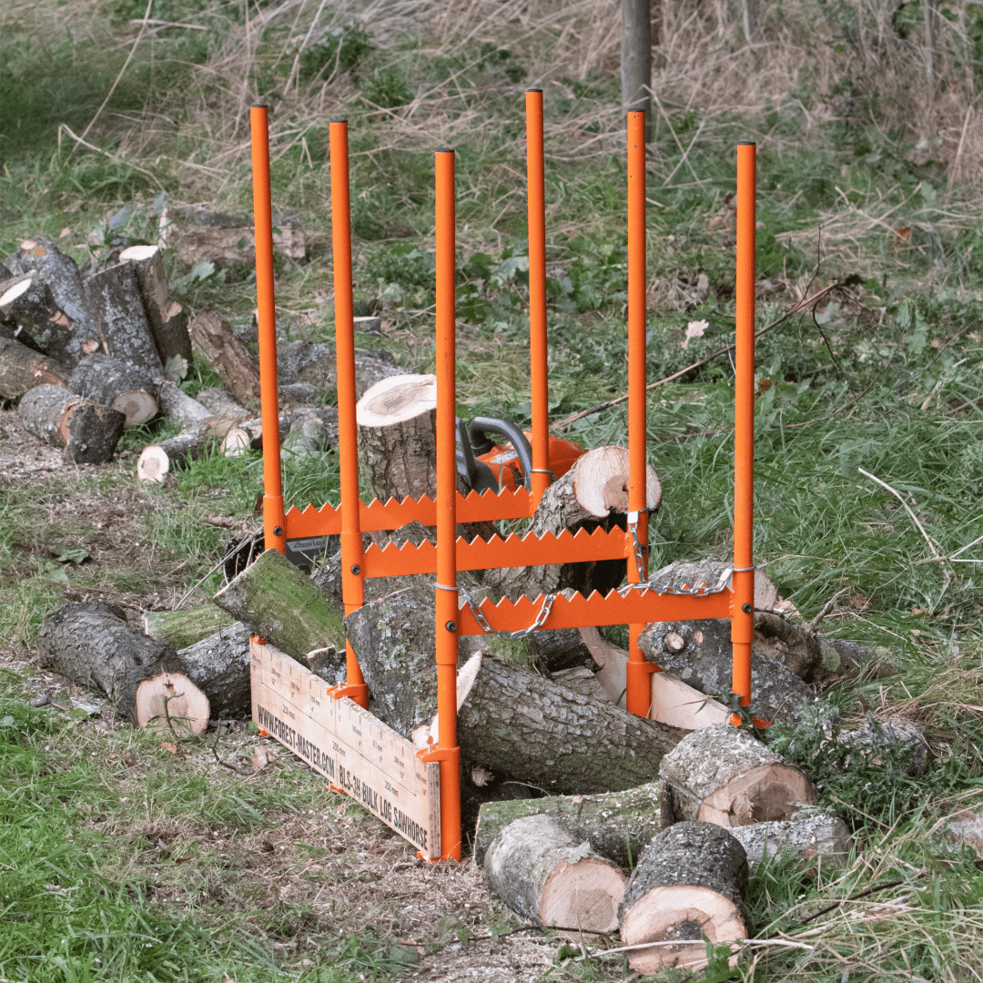 bulk log sawhorse with cut and fallen logs laid aside it